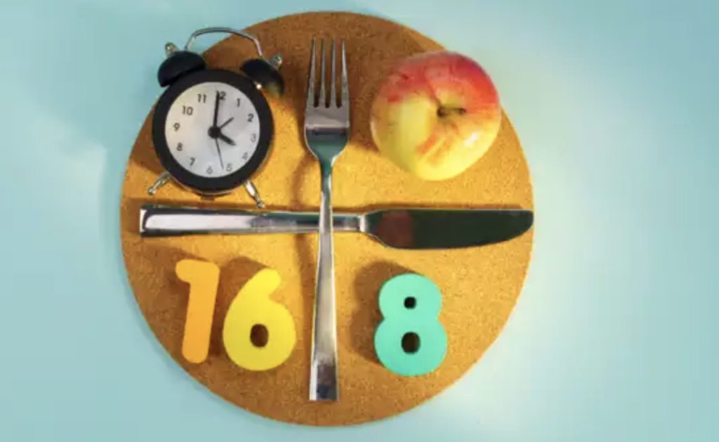 a watch and plate showing food and time restrictions for intermittent fasting 